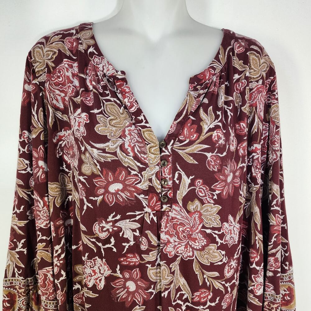 Lucky Brand Top Size 2X Womens Burgundy Floral Print Blouse Boho V Neck Border - Picture 3 of 13